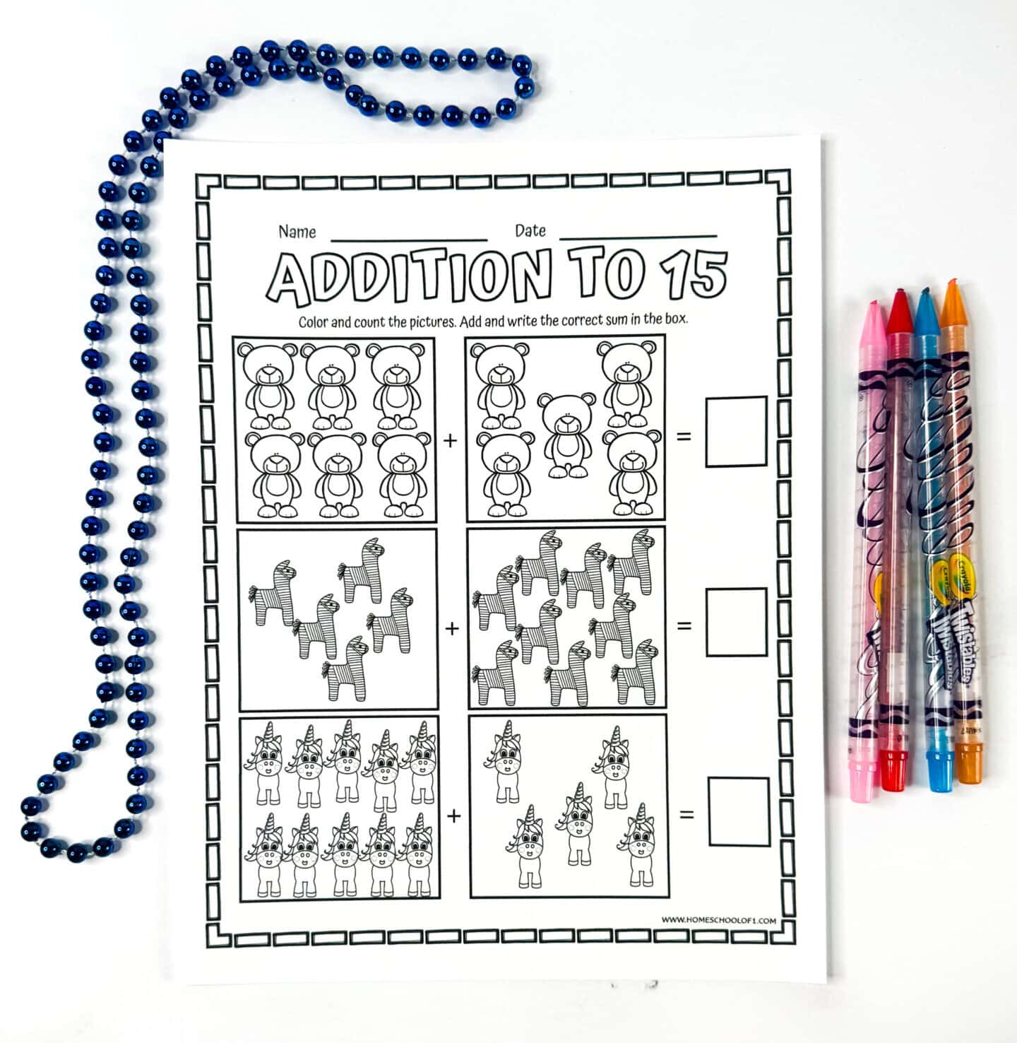Addition to 15 worksheet showing teddy bears, zebras, and unicorns for kids to color and practice number sentences.