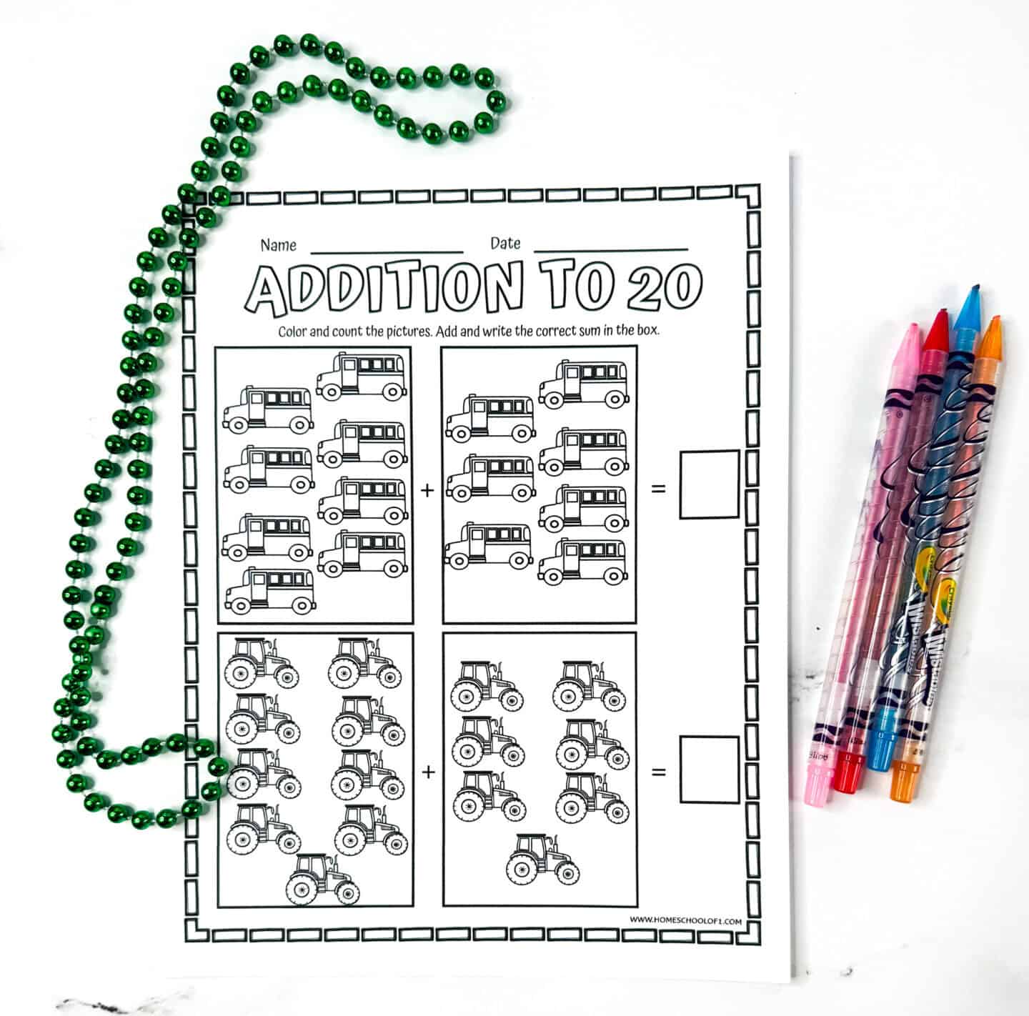 Addition to 20 worksheet with school bus and tractor illustrations for children to count, color, and add together.