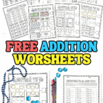 Free addition worksheets for 1st graders with colorable math problems and school supply illustrations.