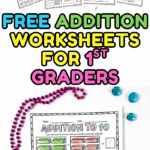 Addition worksheets for first graders with fun visuals like hearts, stars, and planets for coloring.