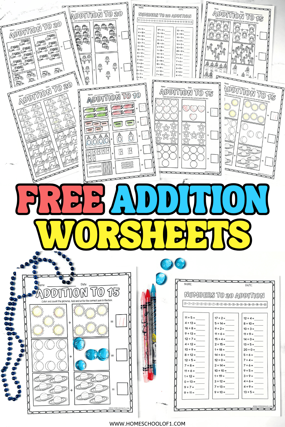 Free addition worksheets for 1st graders with colorable math problems and school supply illustrations.