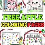 Collage of five printable apple coloring pages featuring cute apple characters reading, teaching, and playing, decorated with dot markers and crayons.