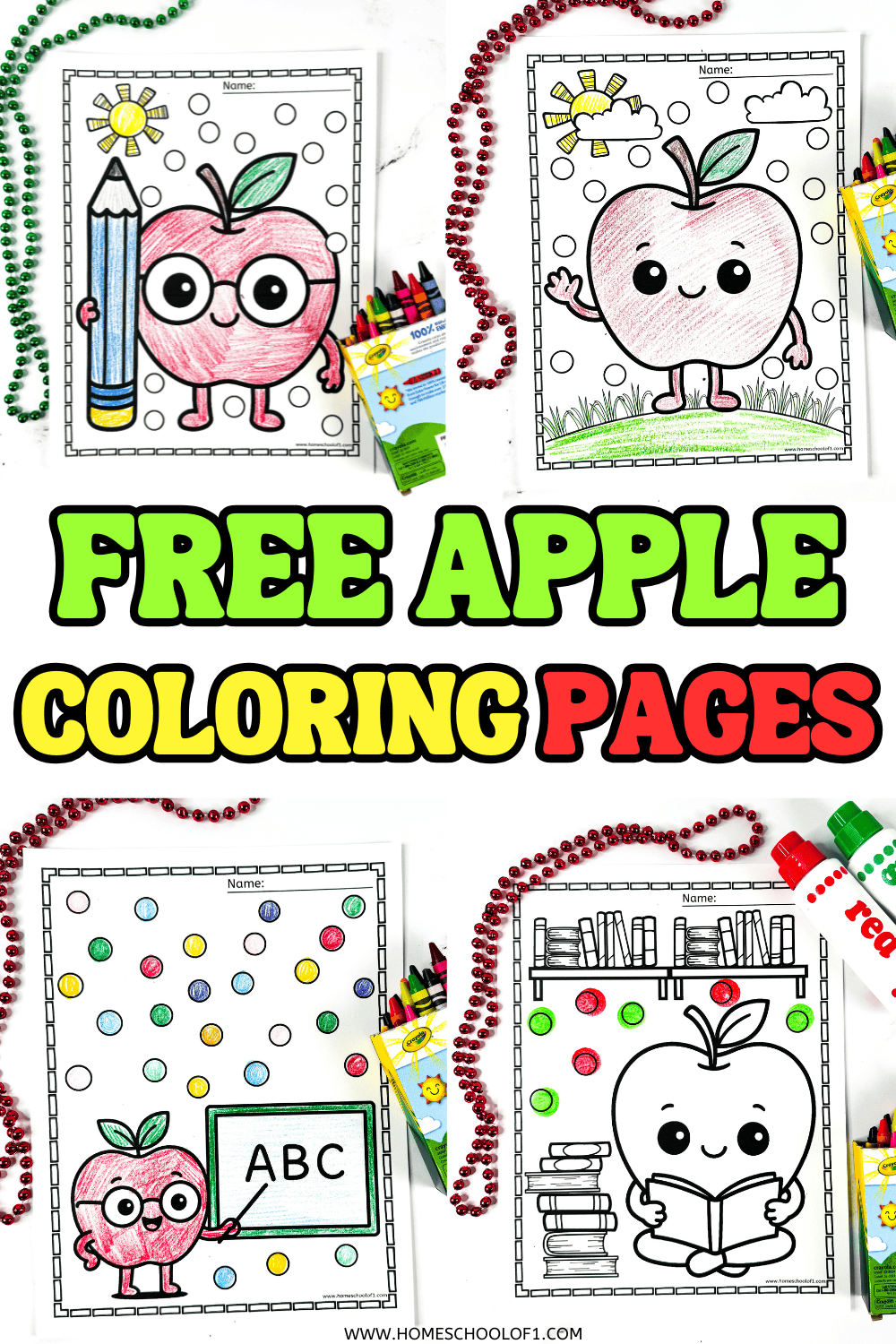 Collage of five printable apple coloring pages featuring cute apple characters reading, teaching, and playing, decorated with dot markers and crayons.