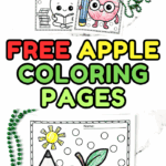 Collage of five apple coloring pages with characters reading, teaching ABCs, jumping rope, and more, plus a full-size image of an apple with glasses and pencil.
