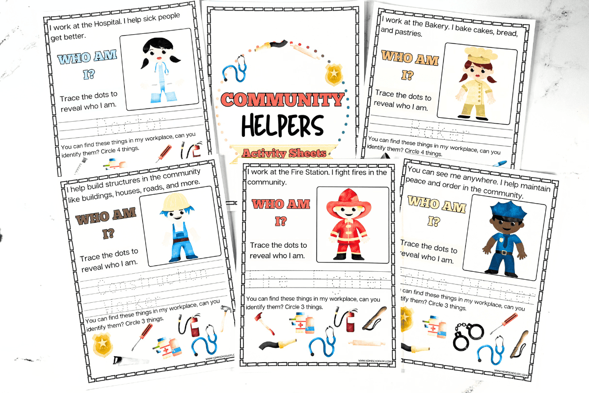 Full printable set of community helpers worksheets including firefighter, doctor, builder, baker, and police officer.