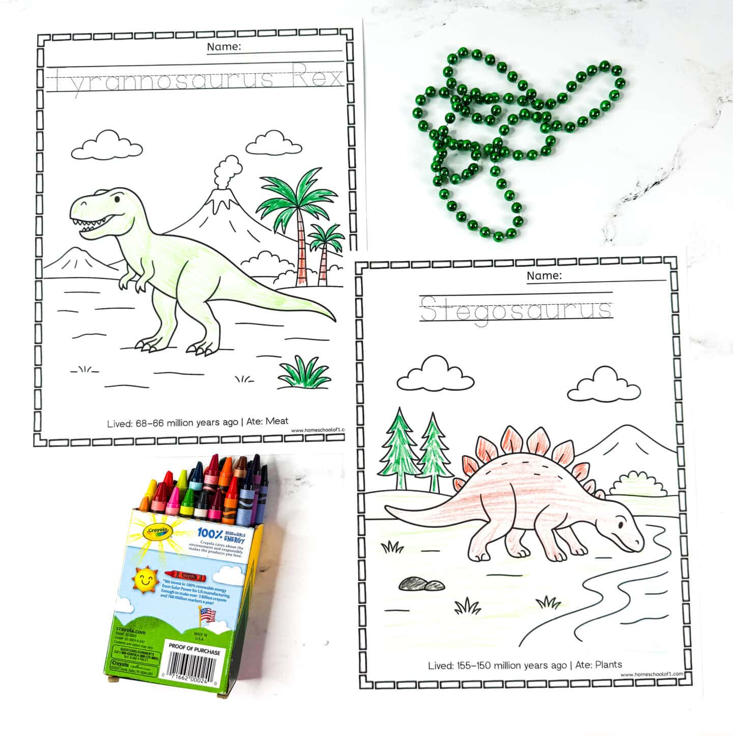 Tyrannosaurus Rex and Stegosaurus printable coloring pages with dinosaur facts, tracing practice, and a box of crayons.