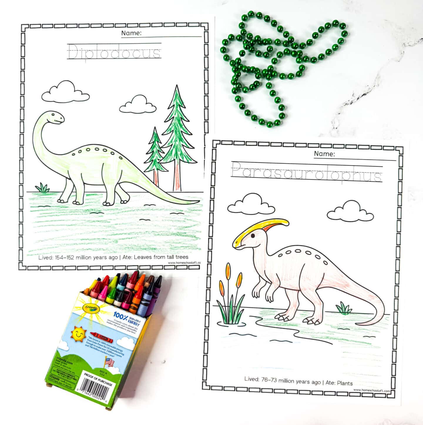 Diplodocus and Parasaurolophus coloring pages for kids, with green beads, crayons, and dinosaur facts like diet and time period included on each sheet.