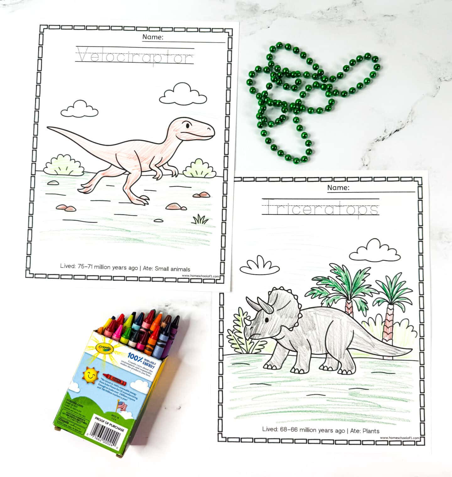 Printable Velociraptor and Triceratops coloring pages with tracing lines, dinosaur facts, green beads, and a pack of crayons.