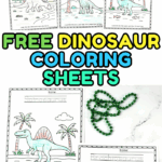Six printable dinosaur coloring sheets featuring Stegosaurus, T-Rex, Triceratops, Velociraptor, Spinosaurus, and Brachiosaurus.