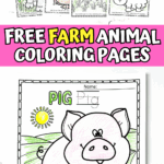 Farm animal coloring pages for preschoolers and kindergarteners with pig, turkey, horse, duck, goat, chicken, cow, and sheep, plus tracing names and animal homes.