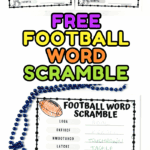 Two football word scramble worksheets, one with a word bank and one without, plus completed sheet with answers.
