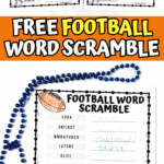 Football word scramble printables for kids with word bank and no word bank options, plus coloring section.