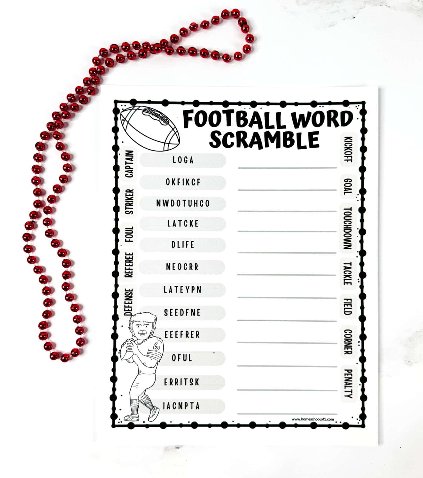 Football word scramble printable with a word bank, 12 scrambled sports terms, answer lines, and football player illustration.