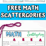 Four colorful Math Scattergories game boards arranged together for printable math fun.