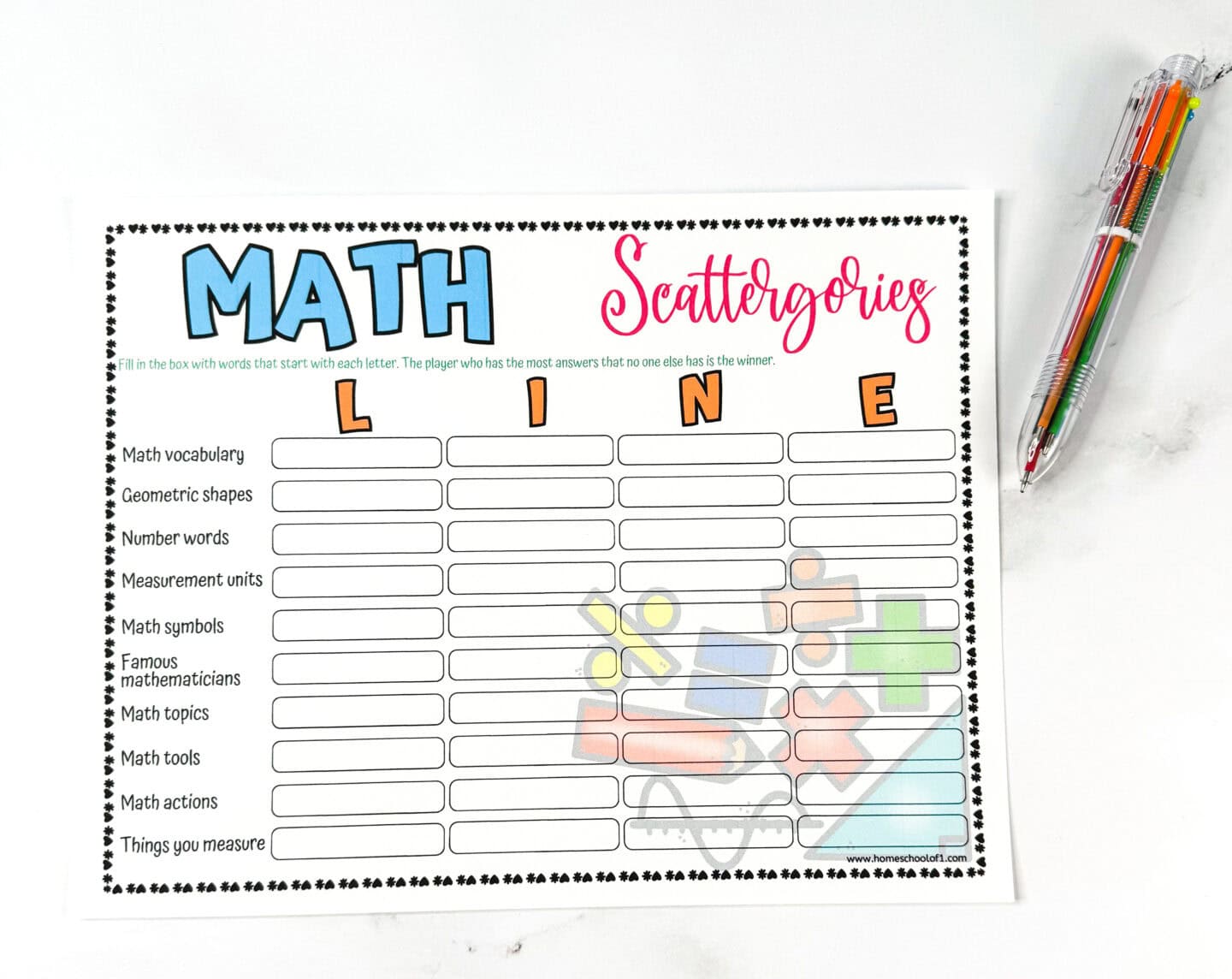 Printable Math Scattergories game sheet with the letters L, I, N, E at the top and ten math categories listed. A multi-colored pen is positioned on the right side.