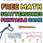 Set of four printable Math Scattergories boards with math-themed categories for interactive gameplay.