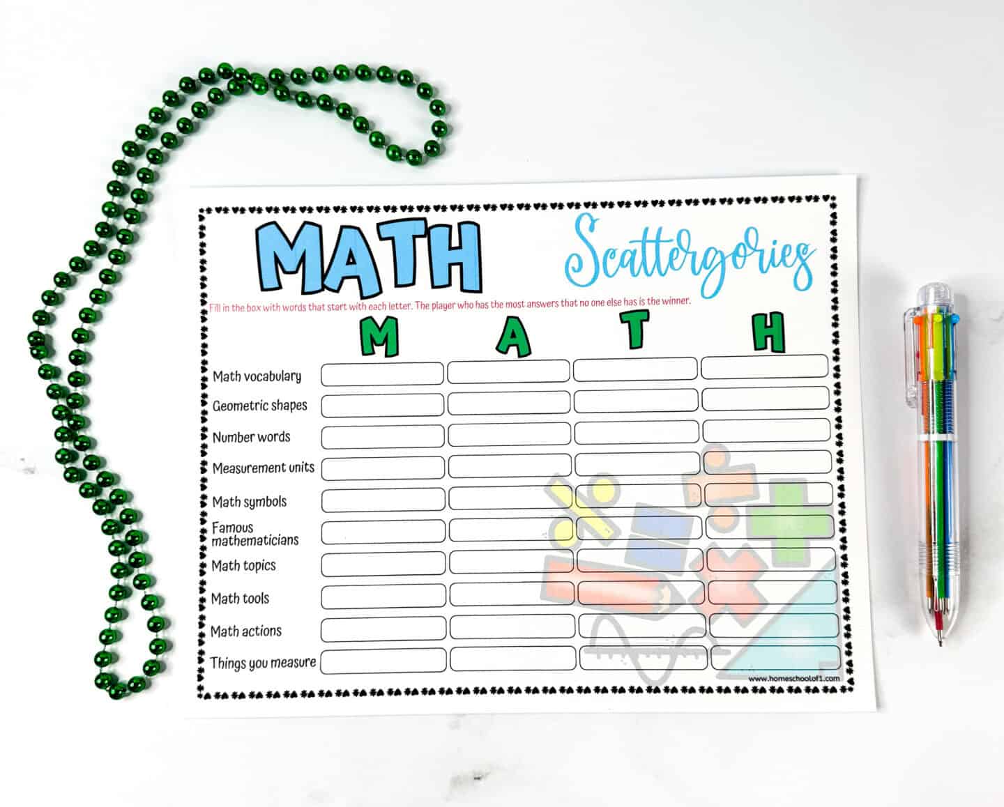Printable Math Scattergories game sheet with the letters M, A, T, H at the top, ten math categories, a green beaded necklace on the left, and a multi-colored pen on the right.