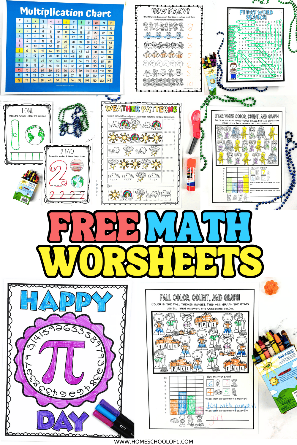 Free printable math worksheets for kids, including multiplication charts, Pi Day activities, counting, graphing, and pattern practice.
