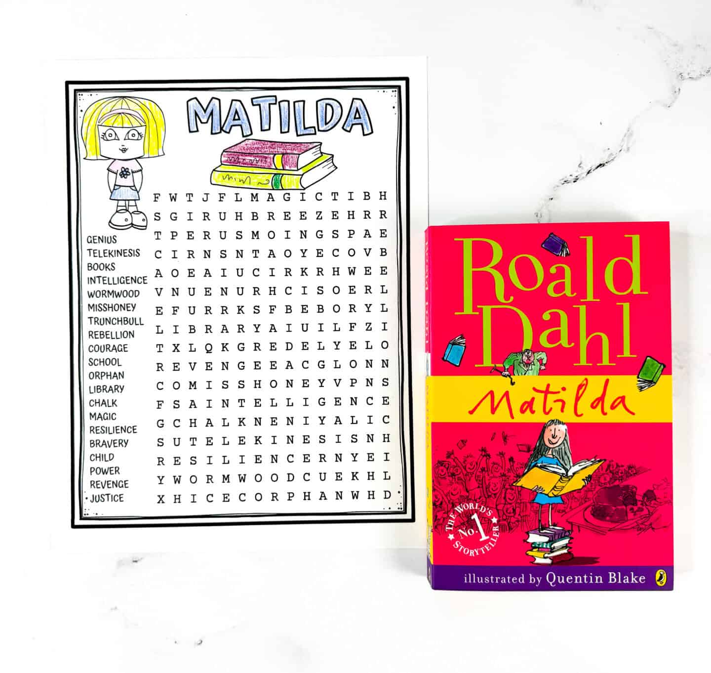 Printable Matilda word search activity with 20 themed words next to a copy of Roald Dahl’s Matilda book by Quentin Blake.