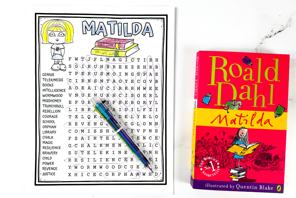 Matilda word search puzzle alongside the Roald Dahl Matilda book.