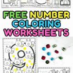 Free printable number coloring worksheets 1–10 with animals like bees, fish, and turtles for kids learning numbers.