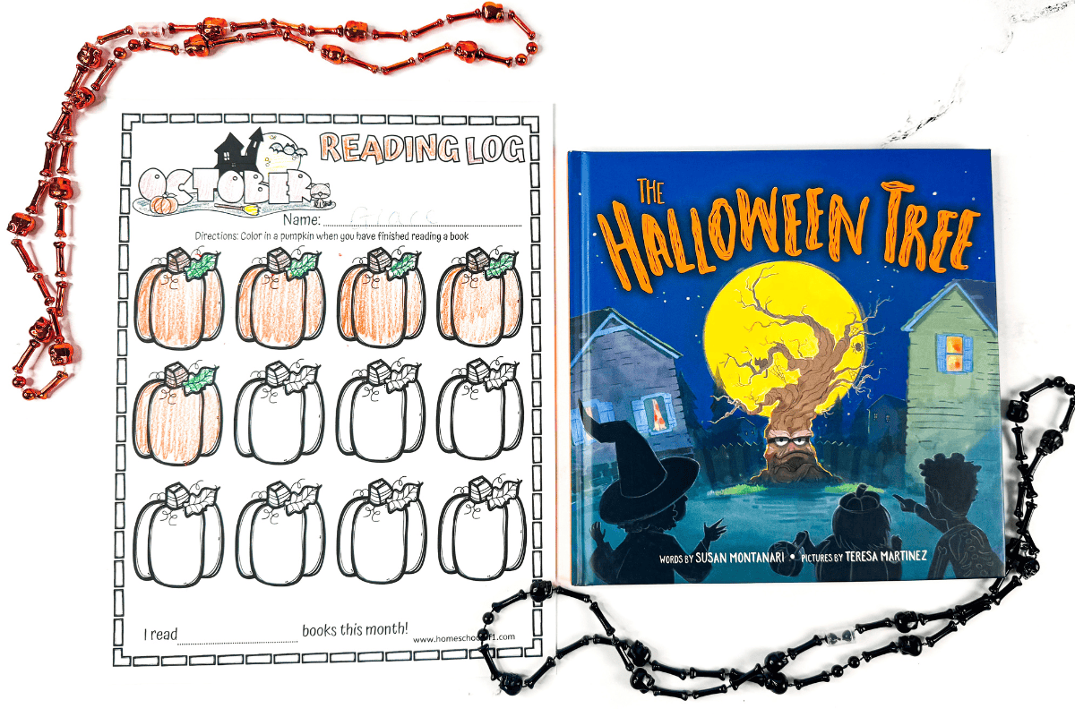 Completed October reading log printable with partially colored pumpkins, placed next to the children’s book The Halloween Tree by Susan Montanari, surrounded by orange and black Halloween bead necklaces.