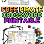 Colored pirate crossword puzzle with illustrated characters, treasure map, and pirate ship.
