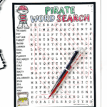 A free printable pirate word search puzzle page with words circled in red, a pen placed on top, and colorful pirate-themed illustrations. The bold yellow banner at the top reads “Free Printable” and the bottom says “Pirate Word Search.”