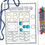 Printable addition worksheets for 1st graders showing sums to 10, 15, and 20 with colorable objects.