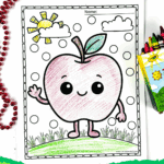Kawaii apple coloring page with a waving apple character on grass under the sun and clouds, with the title “Free Printable Apple Coloring Pages.”