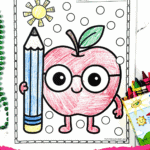 Close-up of a printable apple coloring sheet featuring an apple with glasses holding a pencil, with the title “Free Printable Apple Coloring Sheets.”