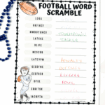 Free printable football word scramble activity sheet with jumbled sports words, answer spaces, and coloring section.