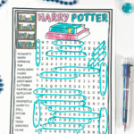 Harry Potter word search worksheet with answer words circled in teal, displayed with blue beads, clear pen, and glass stones for decoration.