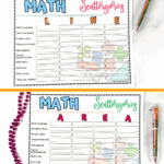 Printable Math Scattergories boards with colorful letter prompts and math categories.
