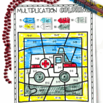 Free printable multiplication coloring worksheet with an ambulance image that appears as students complete the math problems.