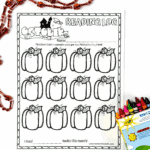 Uncolored October reading log printable with pumpkin designs, surrounded by Halloween bead necklaces and a box of crayons.