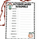 Blank October word scramble worksheet featuring fall-themed scrambled words.