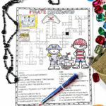 Printable pirate crossword puzzle shown colored with pirate necklace and colorful plastic gems.