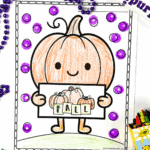Pumpkin holding a FALL sign colored in with crayons and purple dot markers.