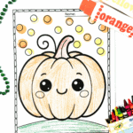 Kawaii pumpkin coloring page with yellow and orange dot markers and crayons.