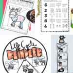 Set of free printable reindeer worksheets including parts of a reindeer, counting activity, life cycle chart, and festive holiday learning pages.