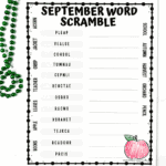 Free printable September word scramble with words along the border and a colored red apple at the bottom.