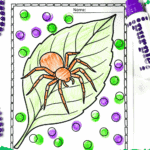 A spider coloring page with a spider on a leaf, decorated with green and purple dot markers.