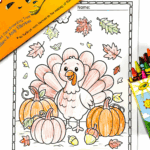 Free printable turkey coloring sheet with pumpkins and leaves – Thanksgiving activity for kids.