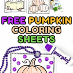 Free pumpkin coloring sheets with five unique designs, including pumpkins reading and on a hay bale.