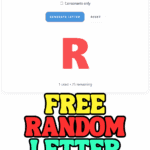 Screenshot of a free random letter generator tool showing the letter R in red with options for uppercase, lowercase, vowels only, consonants only, and no repeats.