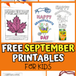 Free September printables for kids, including Roald Dahl bookmarks, pirate I Spy game, maple leaf coloring page, Grandparents Day coloring pages, and community helper worksheets.
