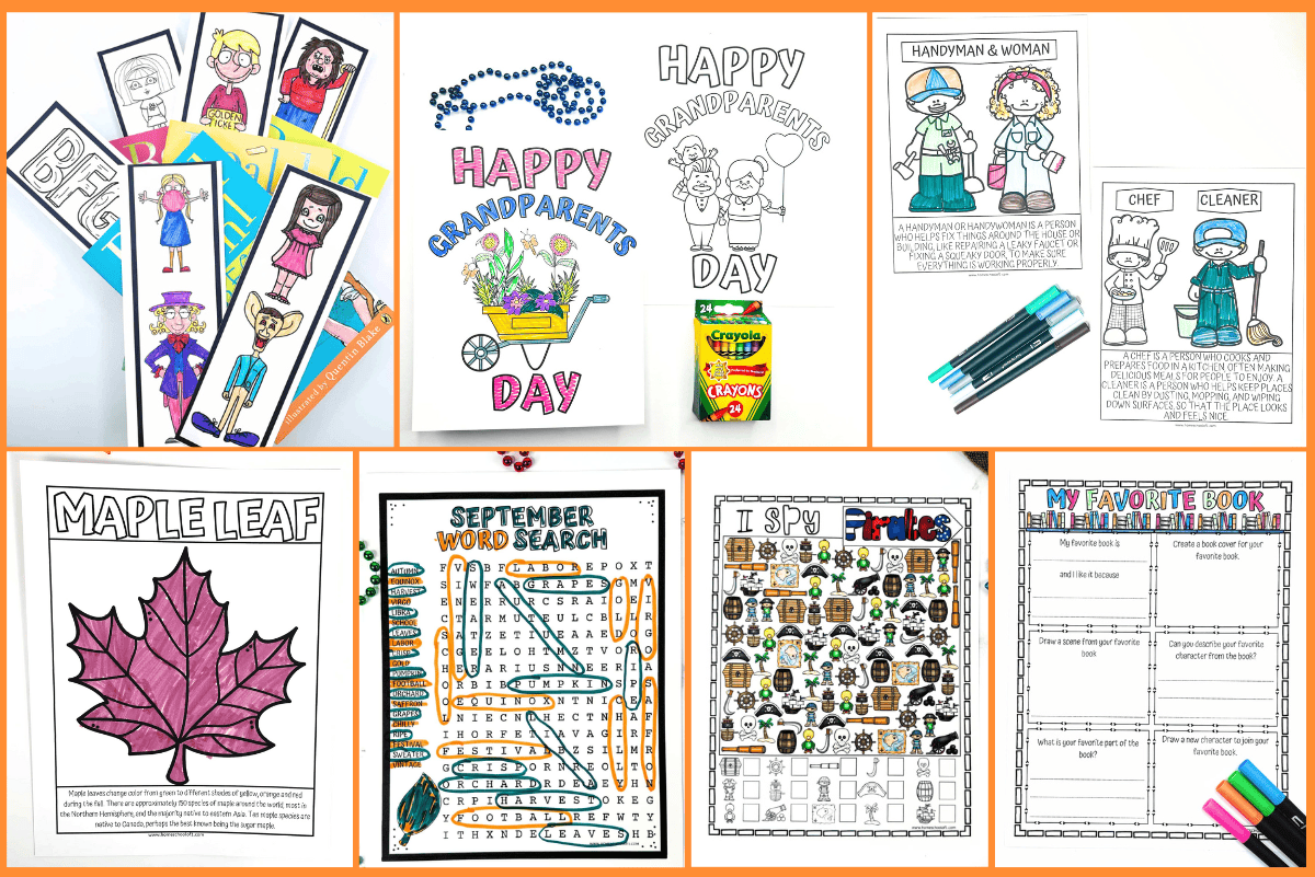 Set of free September printables for kids including Roald Dahl bookmarks, Grandparents Day coloring pages, community helper coloring sheets, maple leaf coloring page, September word search, pirate I Spy game, and a favorite book worksheet.