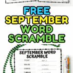 Two September word scramble worksheets with colorful title and bold text promoting free printable.