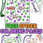 A spider coloring page with multiple spiders and colorful green and purple dot markers.
